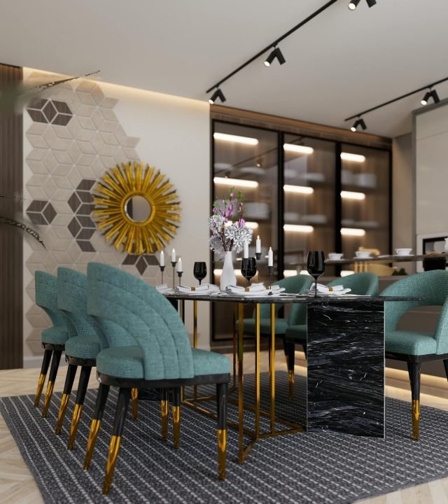 Stylish dining room featuring teal chairs and geometric wall decor, embodying a modern aesthetic.